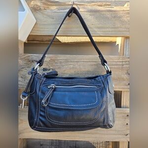 FOSSIL Black Leather Shoulder Bag with Silver Zipper